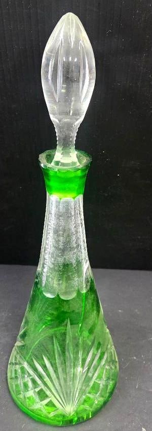 VINTAGE BOHEMIAN GREEN CRYSTAL DECANTER: Decanter has a green glass overlay revealing clear crystal with fan and hash designs 5"x5"x17"