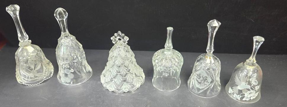 LOT OF 6 VINTAGE AVON CRYSTAL DINNER BELLS: All 6 come with the ringer (3 look to be glued at one point), all approx. 7" tall, and each has a specific motif such as a christmas tree, daisys, and birds