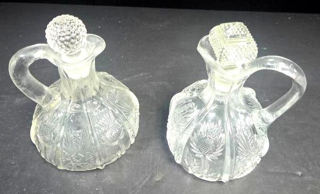 Pair of Pressed Glass Thistle Pattern Cruets, Mismatched Stoppers (1 of 8)