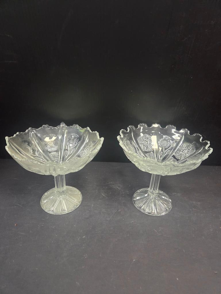 Pair of Pressed Glass Thistle Pattern Footed Compotes EAPG - 2