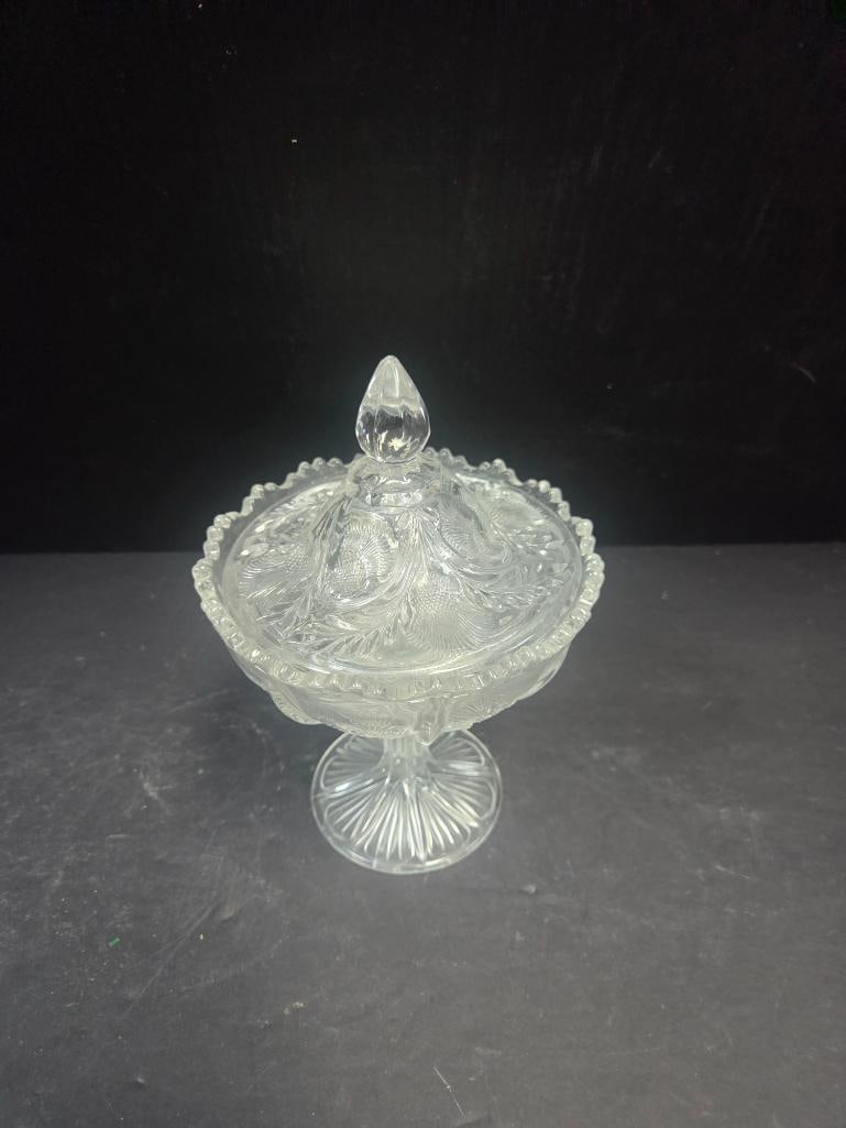 Pressed Glass Thistle Pattern Compote and Covered Candy Dish - 2