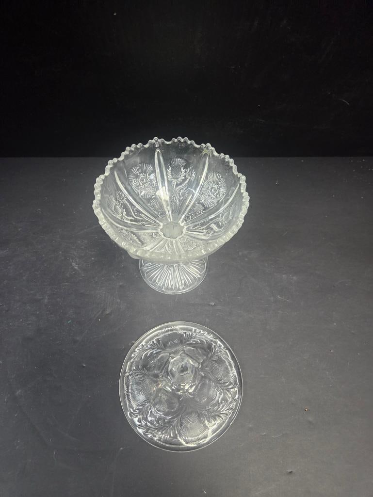 Pressed Glass Thistle Pattern Compote and Covered Candy Dish - 4