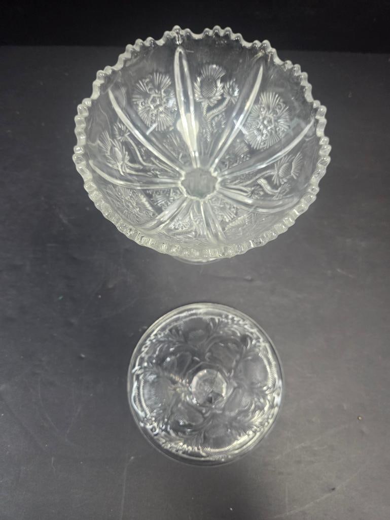 Pressed Glass Thistle Pattern Compote and Covered Candy Dish - 5