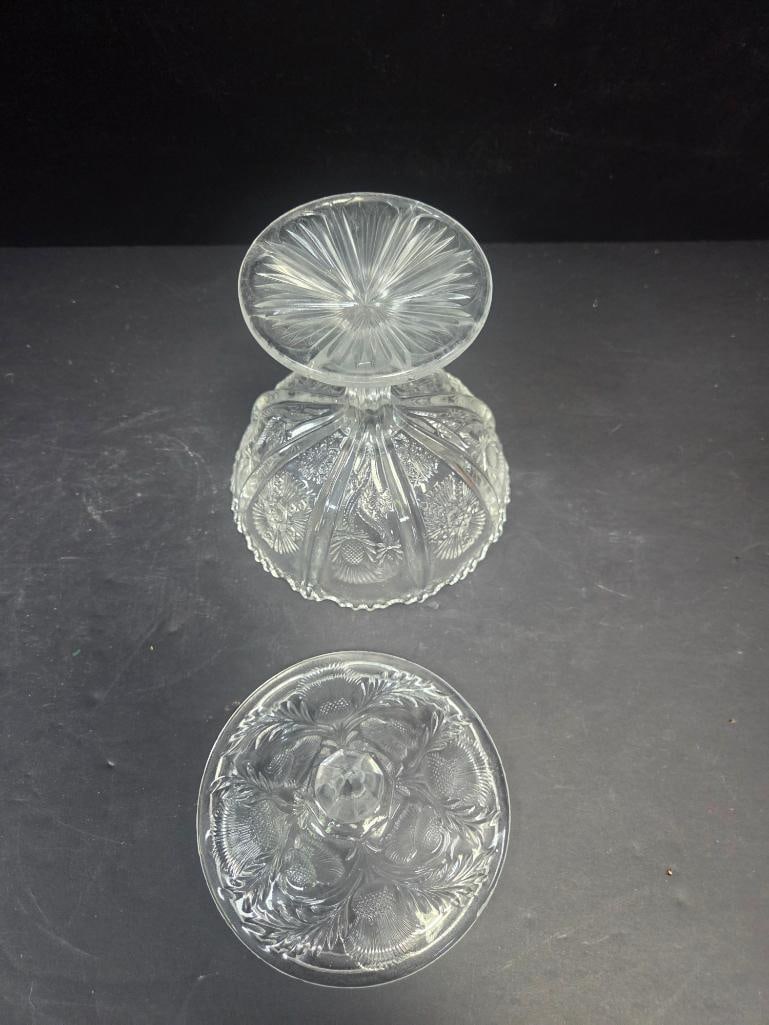 Pressed Glass Thistle Pattern Compote and Covered Candy Dish - 6