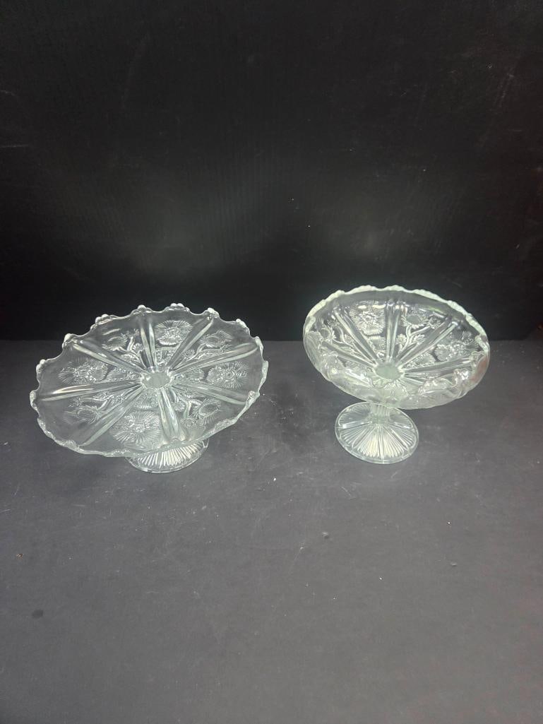 Pressed Glass Fern Pattern Footed Bowl and Cake Stand: Shallow footed bowl, fern/leaf pattern, scalloped rim, short pedestal foot. Approx. 3"H x 7.5"W.Cake stand / low compote, matching fern/leaf pattern, scalloped rim, short pedestal foot (shorter and wi
