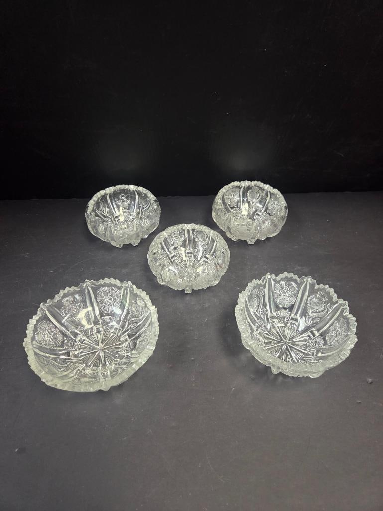 Grouping of Five Pressed Glass Thistle Pattern Bowls (1 of 9)