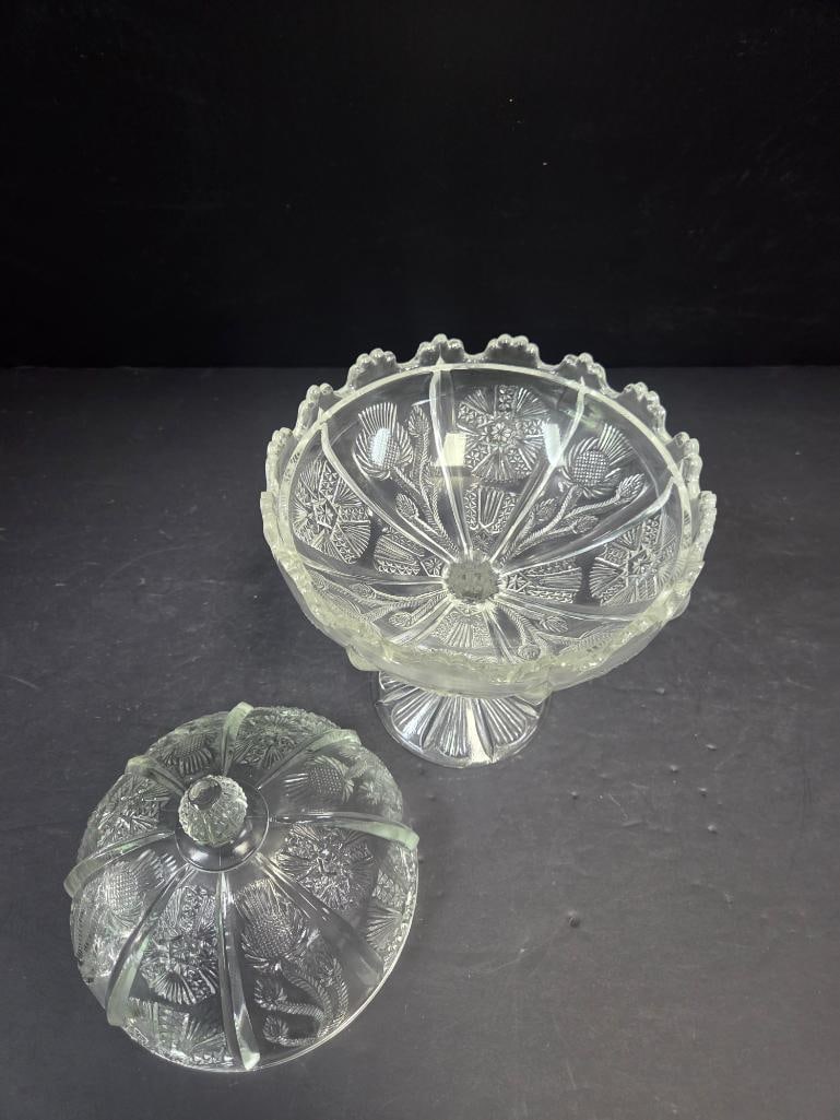 Pressed Glass Thistle Pattern Covered Candy Dish - 2