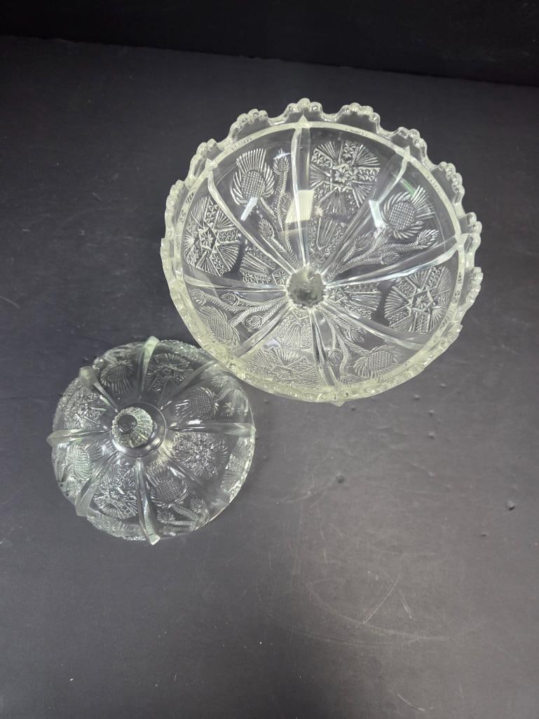 Pressed Glass Thistle Pattern Covered Candy Dish - 3