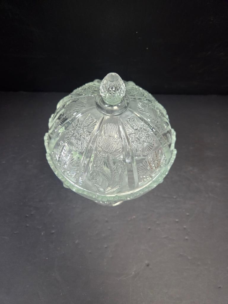 Pressed Glass Thistle Pattern Covered Candy Dish - 2