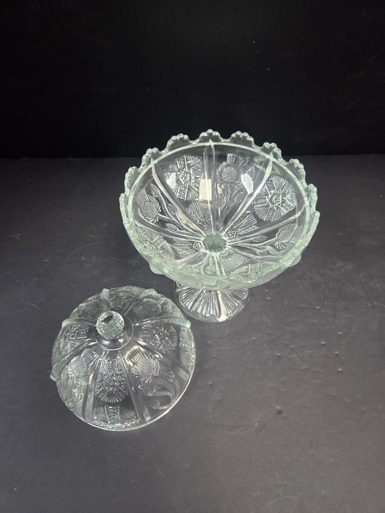 Pressed Glass Thistle Pattern Covered Candy Dish - 3