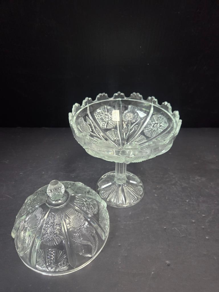 Pressed Glass Thistle Pattern Covered Candy Dish - 4