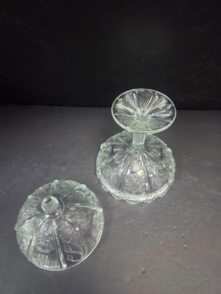 Pressed Glass Thistle Pattern Covered Candy Dish - 5