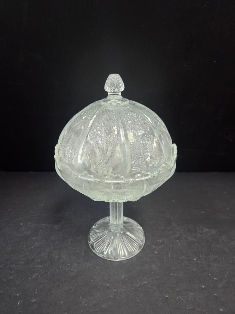 Pressed Glass Thistle Pattern Covered Candy Dish - 2