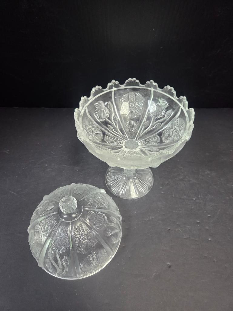 Pressed Glass Thistle Pattern Covered Candy Dish - 3