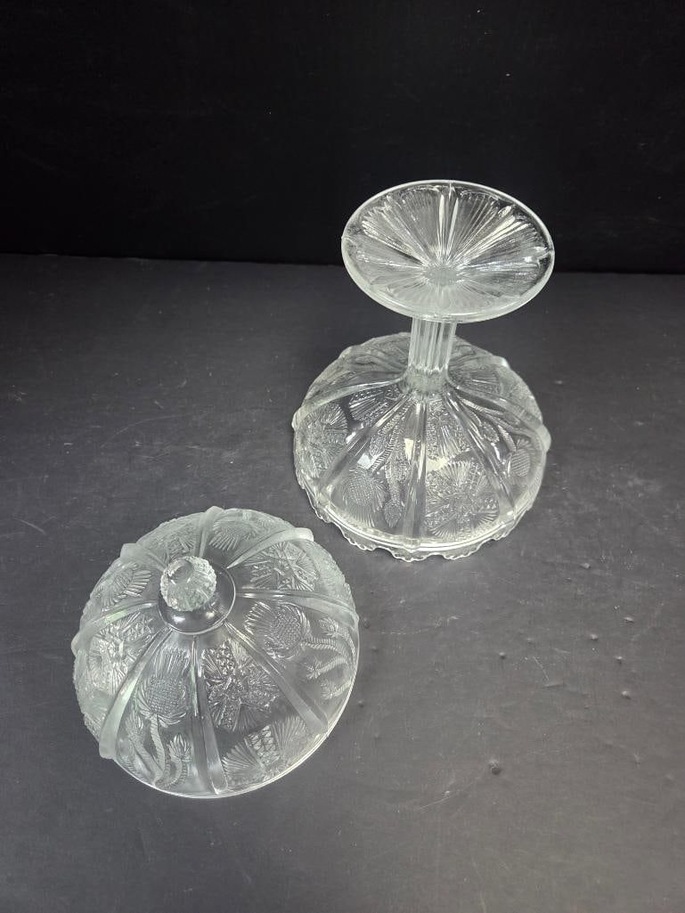 Pressed Glass Thistle Pattern Covered Candy Dish - 4