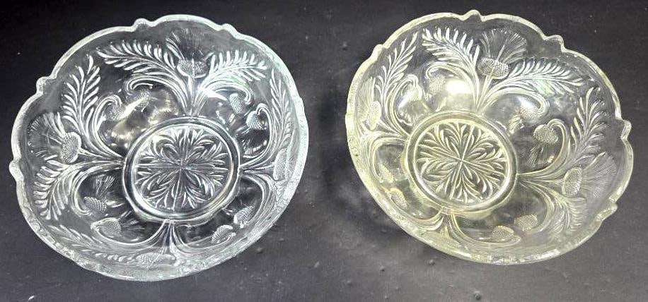 Pair of Pressed Glass Fern Pattern Bowls, Color Variance: Bowl, clear glass, fern/thistle pattern, scalloped rim. Approx. 3"H x 8"W.Matching bowl, same mold and pattern, but with a distinct pale yellow (vaseline-like) tint differing from the clear glass of t