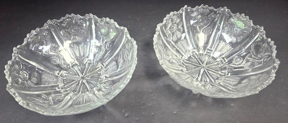 Pair of Pressed Glass Thistle Pattern Bowls: Matching pair of round bowls, thistle pattern, scalloped rim, no feet. Approx. 3"H x 6.5"W each.