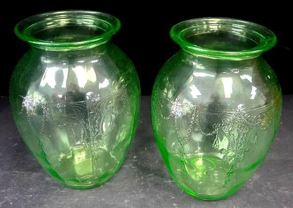 Pair of Green Depression Glass Etched Vases (1 of 6)