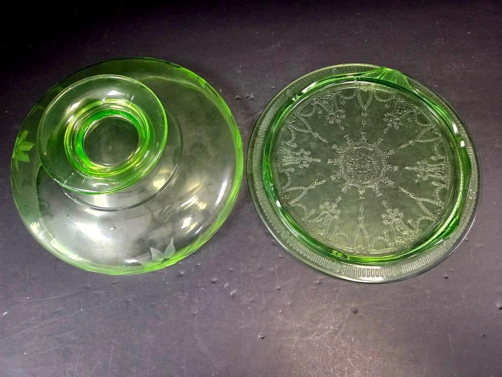 Green Depression Glass Pedestal Bowl and Etched Underplate (1 of 3)