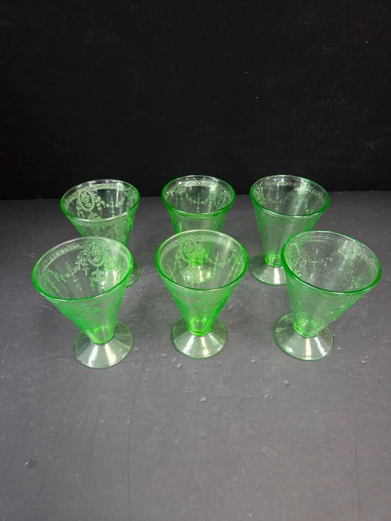 Set of Six Green Depression Glass Etched Goblets (1 of 4)