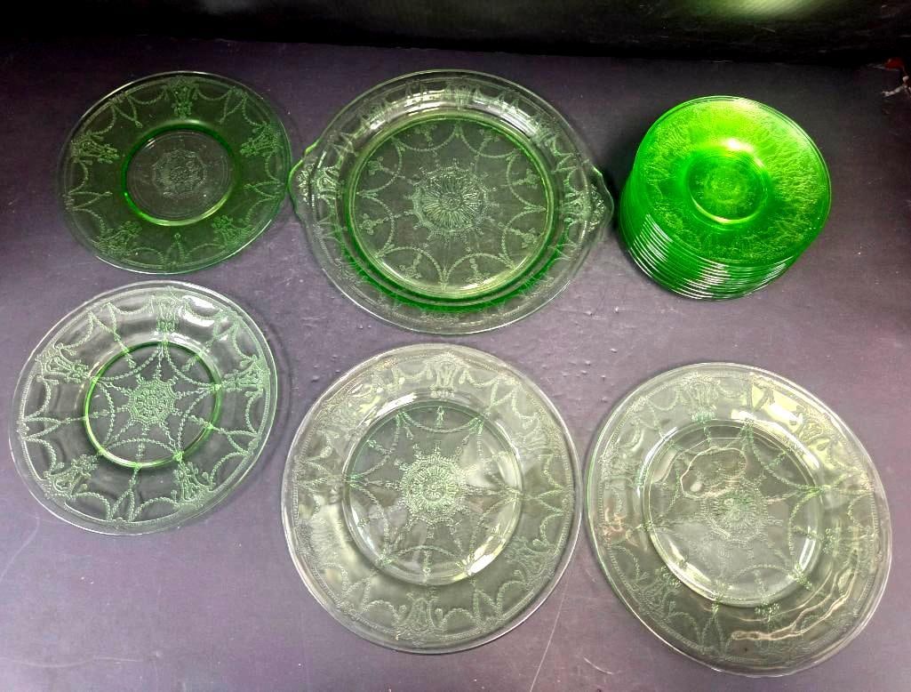 Mixed Grouping of Green Depression Glass Plates (1 of 7)