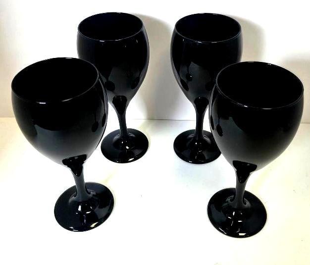 Set of Four Black Glass Stemmed Wine Goblets (1 of 3)