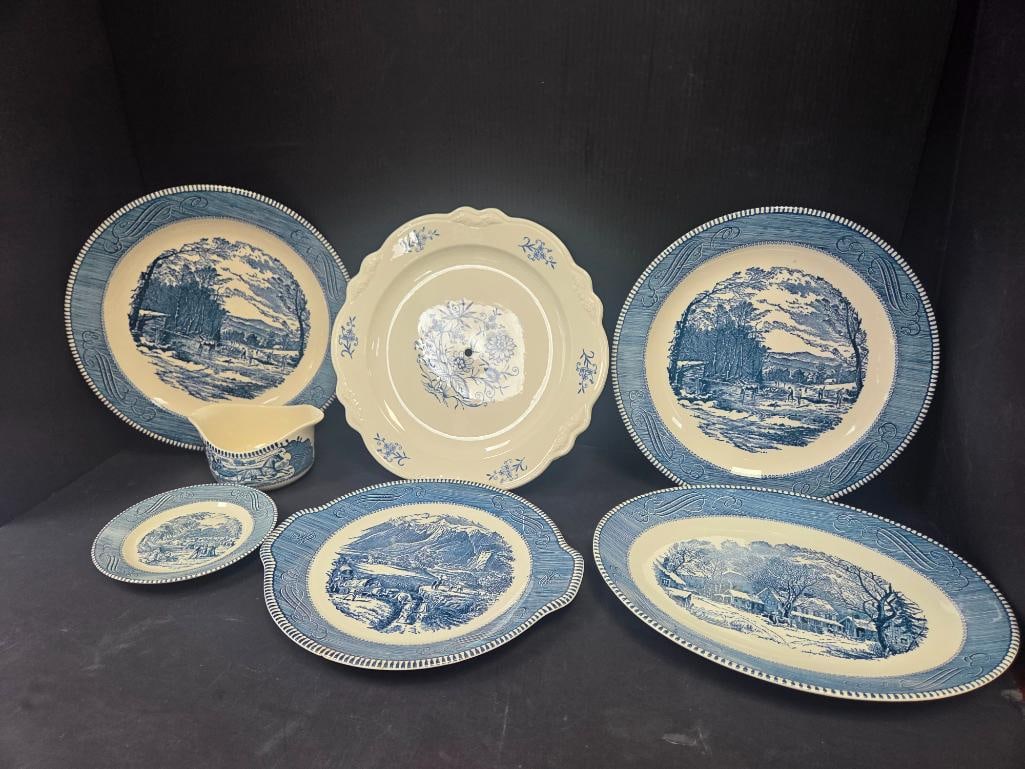 Currier & Ives Blue Transferware Grouping with One Mismatched Plate (1 of 13)