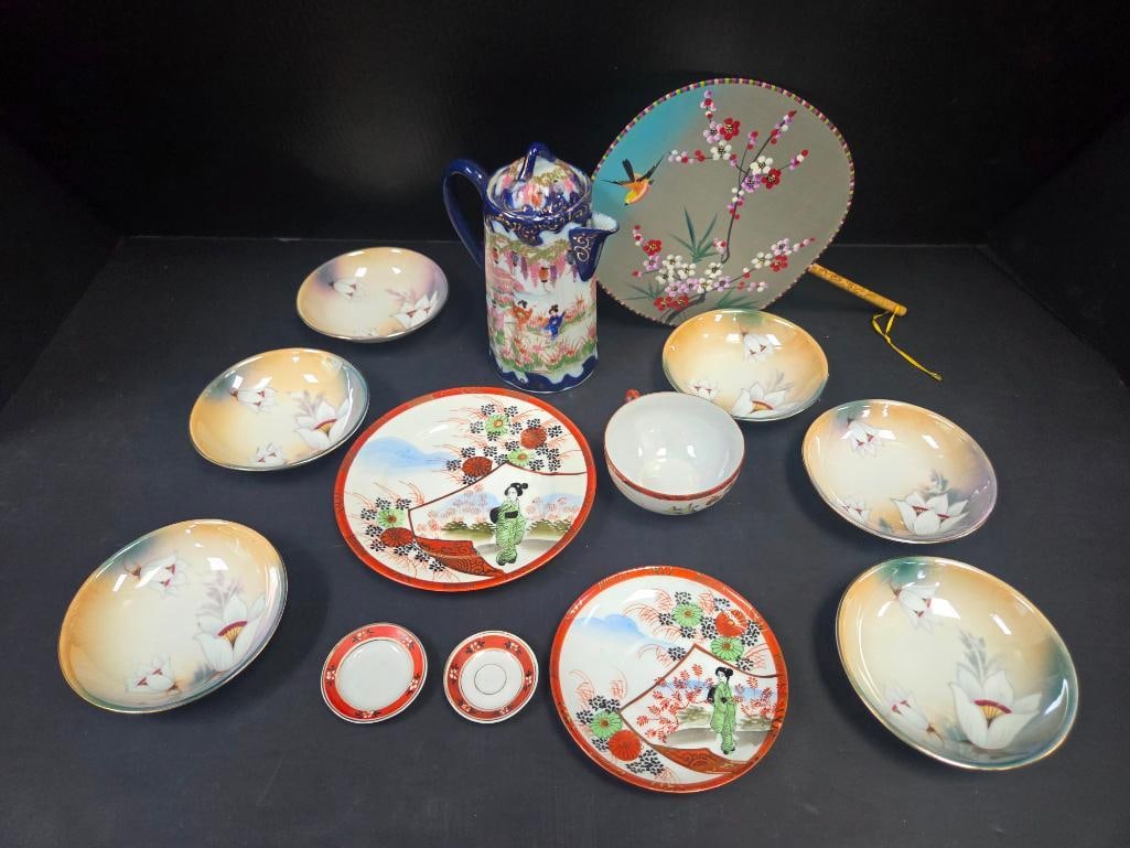 Japanese Hand-Painted Porcelain and Lustreware, Large Mixed Lot: Large mixed lot of Japanese hand-painted porcelain and lustreware, including assorted bowls and dishes with floral and lustre decoration, a blue-and-white ewer/teapot with hand-painted garden scene,