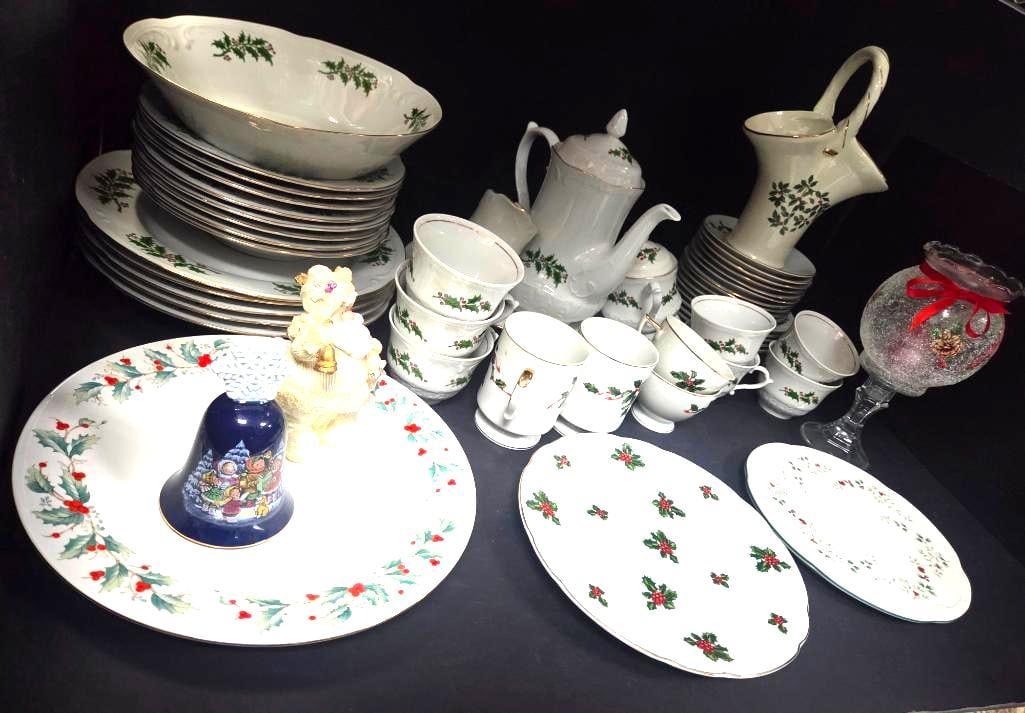 Christmas Holly Pattern Dinnerware and Decor, Large Multi-Maker Mixed Lot: Very large mixed lot of Christmas holly and red berry pattern china and decor from multiple makers, including an oval covered/serving bowl, a tall stack of approximately ten to twelve dinner plates, t