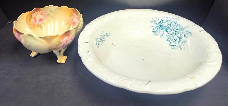 Hand-Painted Footed Rose Bowl and Blue Floral Transfer Wash Bowl: Hand-painted porcelain footed nut/rose bowl with pink roses and green leaves on a blush ground, four-lobed rim with two scroll handles and three scroll feet, approx. 5" H x 7" W, together with a