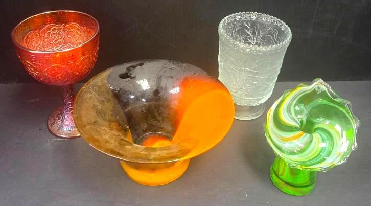 Art Glass Grouping, Four Pieces: Red pressed glass footed compote/goblet with floral medallion pattern, approx. 6" H, no maker's mark visible; amber and black hand-blown art glass bowl of asymmetrical fan form, approx. 5" H x 8" W,