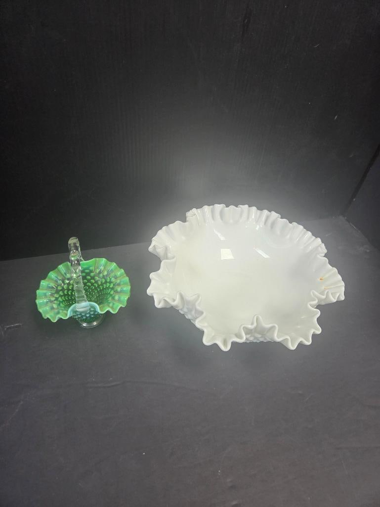 Fenton-Style Hobnail Glass Pair: Green opalescent hobnail glass basket with clear applied handle, ruffled rim, approx. 5" H x 6" W, no maker's mark visible, together with a white milk glass hobnail bowl with ruffled/crimped rim,
