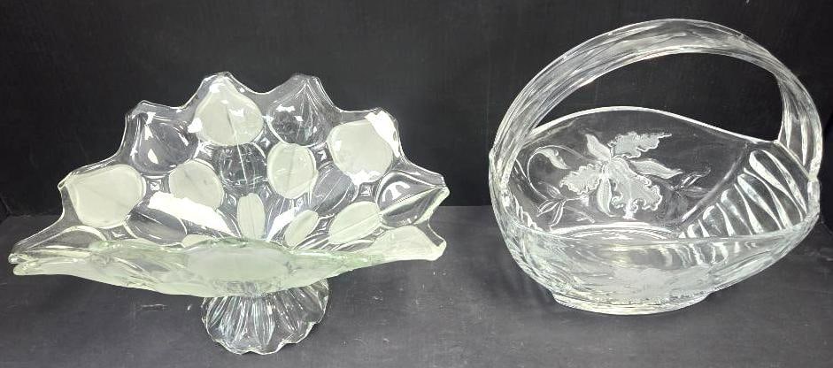 Pressed Glass Compote and Etched Basket, Two Pieces: Large footed pressed glass compote with scalloped oval-petal relief pattern and a daisy-cut pedestal base, approx. 5" H x 11" W, no maker's mark visible, together with a clear glass basket with