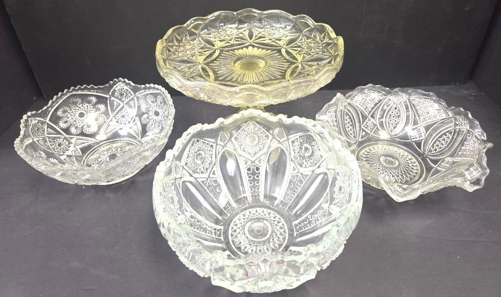 Pressed Glass Brilliant-Cut Pattern Bowls and Compote, Four Pieces: Yellow-tinted footed cake stand/compote with pinwheel and hobstar cut pattern, approx. 5" H x 10" diameter; scalloped bowl with hobstar and diamond-point pattern, approx. 9" diameter; round bowl with