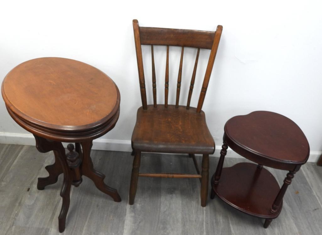 Antique Side Table, Kitchen Chair, and Two-Tier Table, Three Pieces: Antique oval-top wooden side table on a quatrefoil pedestal base, approx. 26" H, together with a plain spindle-back wooden kitchen chair, approx. 34" H, and a small heart/kidney-shaped two-tier