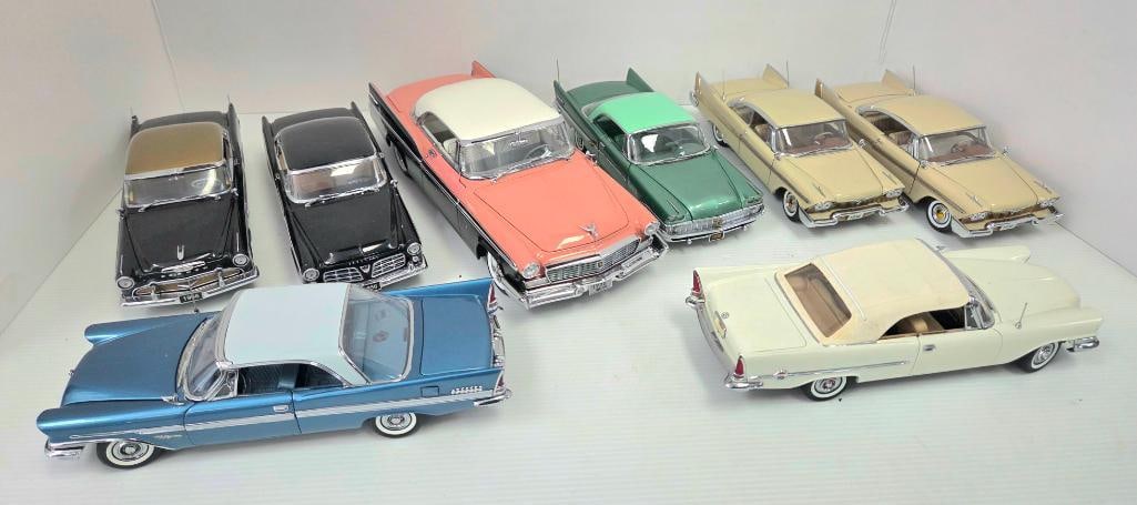 Collection of 1950s-Style Diecast Promotional Model Cars: Group of eight 1:24-scale diecast model cars styled after 1950s American models, shown together in an overview photo (242-1) and individually. 1956 DeSoto Adventurer (black body, gold-tone roof),