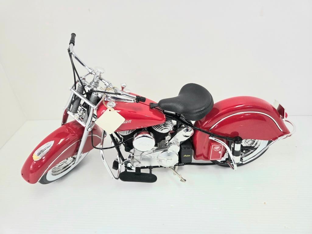 Guiloy Indian Motorcycle Precision Model, with Hang-Tag: Red precision diecast model of a vintage Indian motorcycle, "Indian" script on fuel tank and engine cases, chrome springer front end, valanced fenders with whitewall tire, original gold hang-tag readi