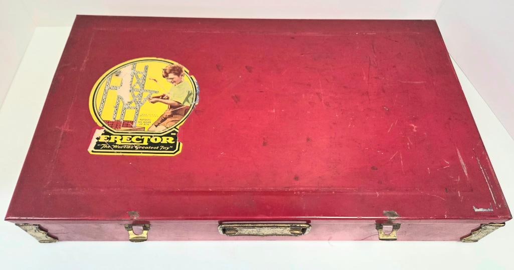 Vintage Gilbert No. 8 1/2 All-Electric Erector Set in Metal Case: Vintage "Erector" No. 8 1/2 All-Electric construction toy set in red metal carrying case, illustrated interior lid depicting a Ferris wheel and power-plant model, includes electric motor ("New