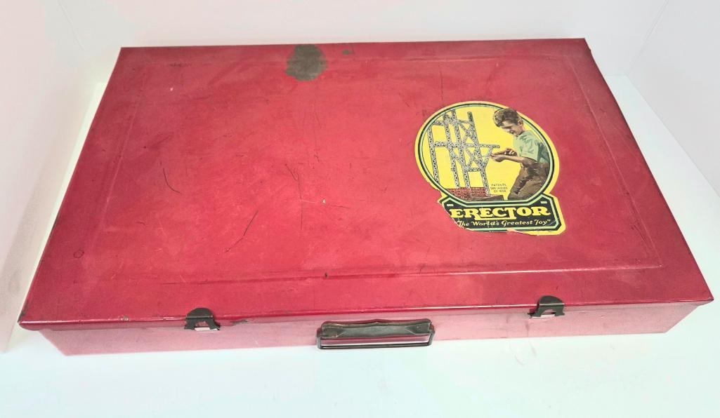 Second Vintage Gilbert No. 8 1/2 All-Electric Erector Set in Metal Case: Second vintage "Erector" No. 8 1/2 All-Electric construction toy set in red metal carrying case ("Builds Giant Ferris Wheel" label inside lid), includes "A-47 Electric Engine" motor labeled