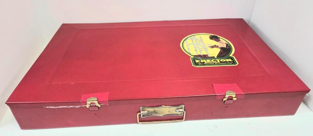 Vintage Gilbert No. 10 1/2 Amusement Park Erector Set in Metal Case: Vintage "Erector" No. 10 1/2 Amusement Park Set construction toy in red metal carrying case, interior lid illustrated "Builds Merry-Go-Round -- Parachute Jump," "Developed at the Gilbert Hall of
