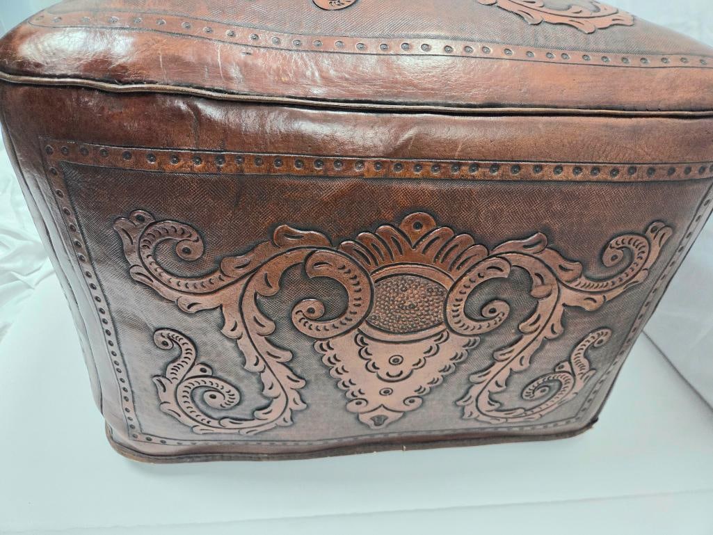 Tooled Leather Box/Ottoman with Scrollwork Design - 2