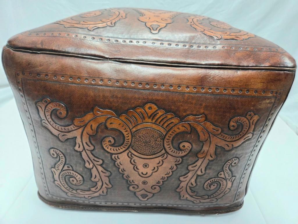 Tooled Leather Box/Ottoman with Scrollwork Design - 3