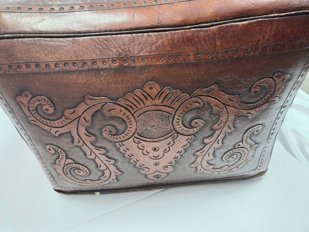 Tooled Leather Box/Ottoman with Scrollwork Design - 4