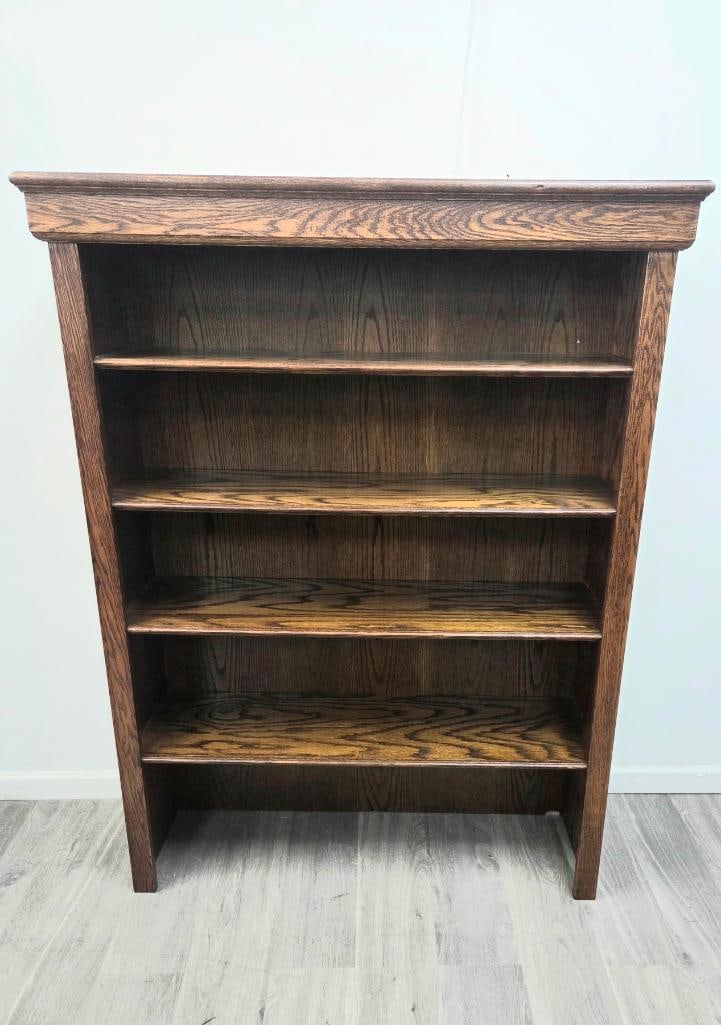 Oak Open Bookcase with Molded Cornice: Oak open bookcase, molded cornice top, three fixed shelves creating four open compartments, approx. 42" H x 32" W x 12" D.