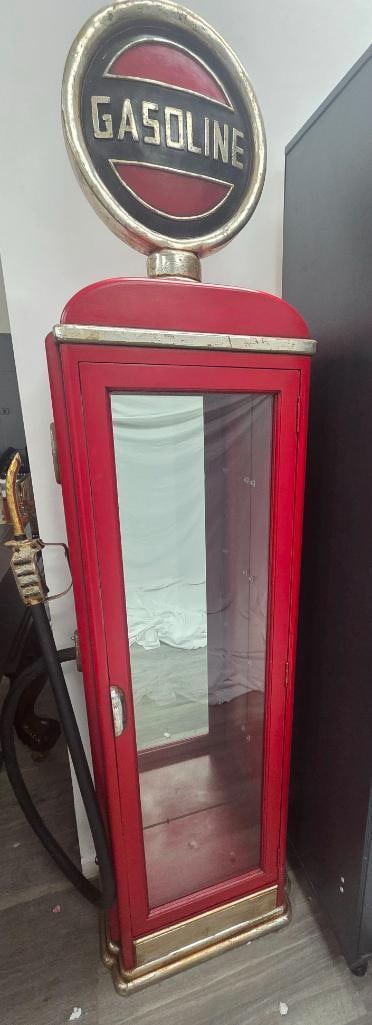 Decorative Red "Gasoline" Pump-Style Display Cabinet: Decorative reproduction display cabinet styled as a vintage gasoline pump, red-painted body with gold trim, round "Gasoline" lollipop sign topper, mock fuel nozzle and hose mounted to the side,