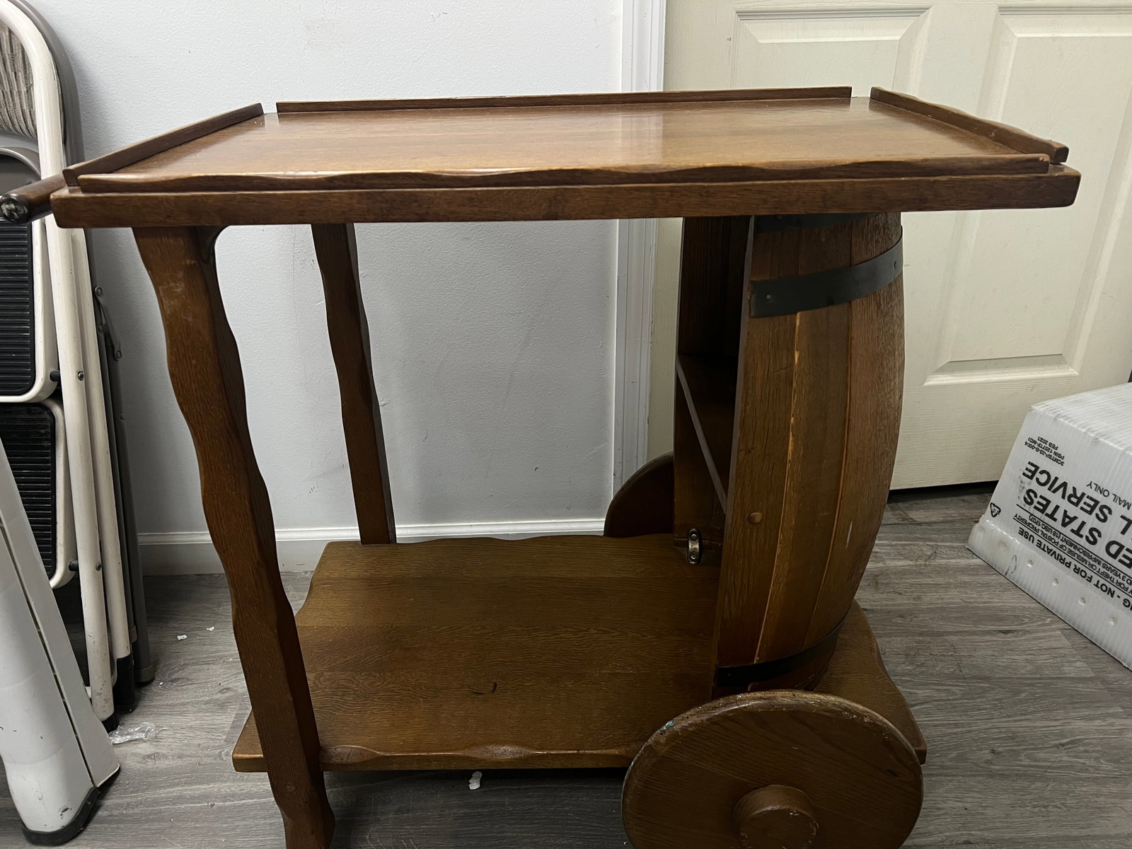 Vintage Wood Barrel Beverage Cart: vintage mable wood barrel beverage cart 29"L tray 31" to the end of the handle x 18.5" W x 32" H. 1/2 barrel shelf at one end with large wheels.