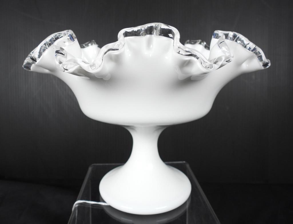 Fenton Art Glass Silver Crest tall ruffled pedestal compote. Approx. 6.5" H x 8.5" W.: Fenton Art Glass Silver Crest tall ruffled pedestal compote. Approx. 6.5" H x 8.5" W.