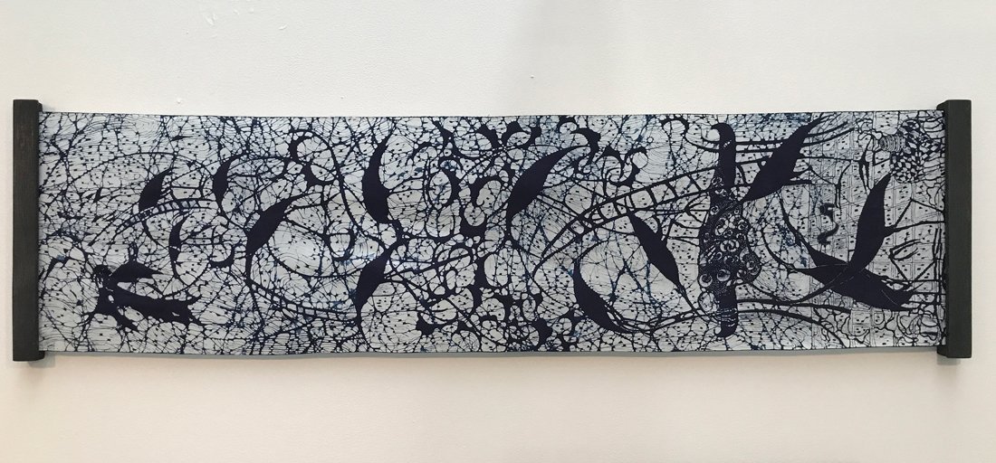 Vernal Bogren-Swift, "Dream in an Indigo Dawn": Vernal Bogren-Swift, Queen Charlotte, British Columbia. "Dream in an Indigo Dawn". Natural indigo on wax resist silk batik, 2020. Vernal Bogren-Swift is a batik-maker. Her choice of art form, her fasc