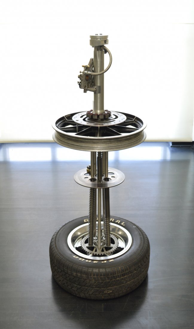 Greg Vettel, "Dakota Sky Thresher II": Greg Vettel, Thompson, North Dakota. "Dakota Sky Thresher II". Found objects, 2018. Vettel is a multi-media artist that specializes in found objects, especially antique Harley-Davidson and muscle car 