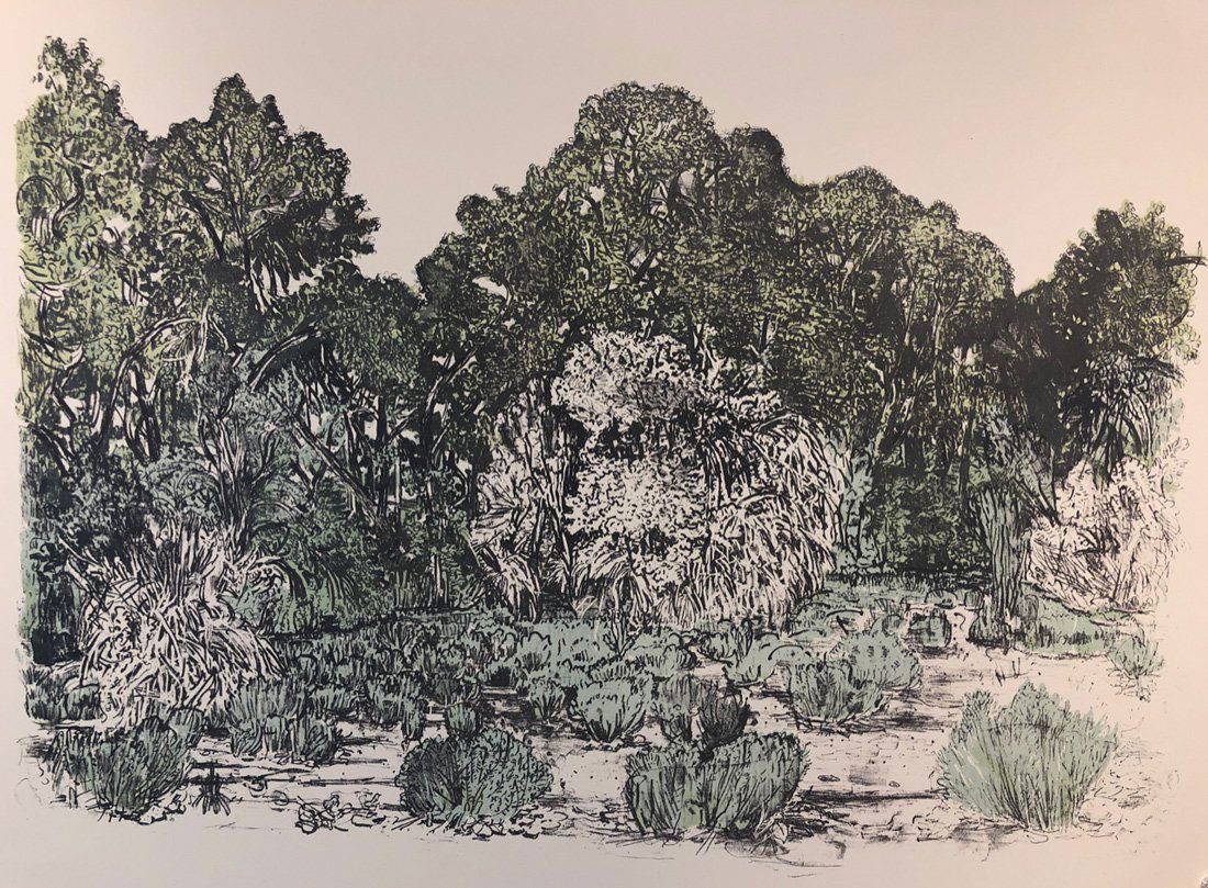 Nancy Friese, "Circle of Sage and Cottonwood": Nancy Friese, Providence, Rhode Island. "Circle of Sage and Cottonwood". Three-color Lithograph (Printed by Tamarind Institute of Lithography in 2018). A/P 1/3. Edition of 18, 2018. The artist has don